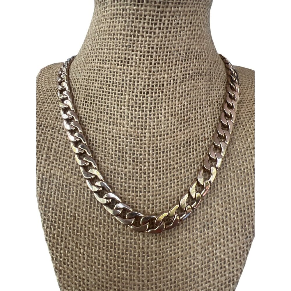 Vintage Gold Tone Cuban Chain Necklace Flat Unisex Lobster Clasp Adj 16" + 2.5"